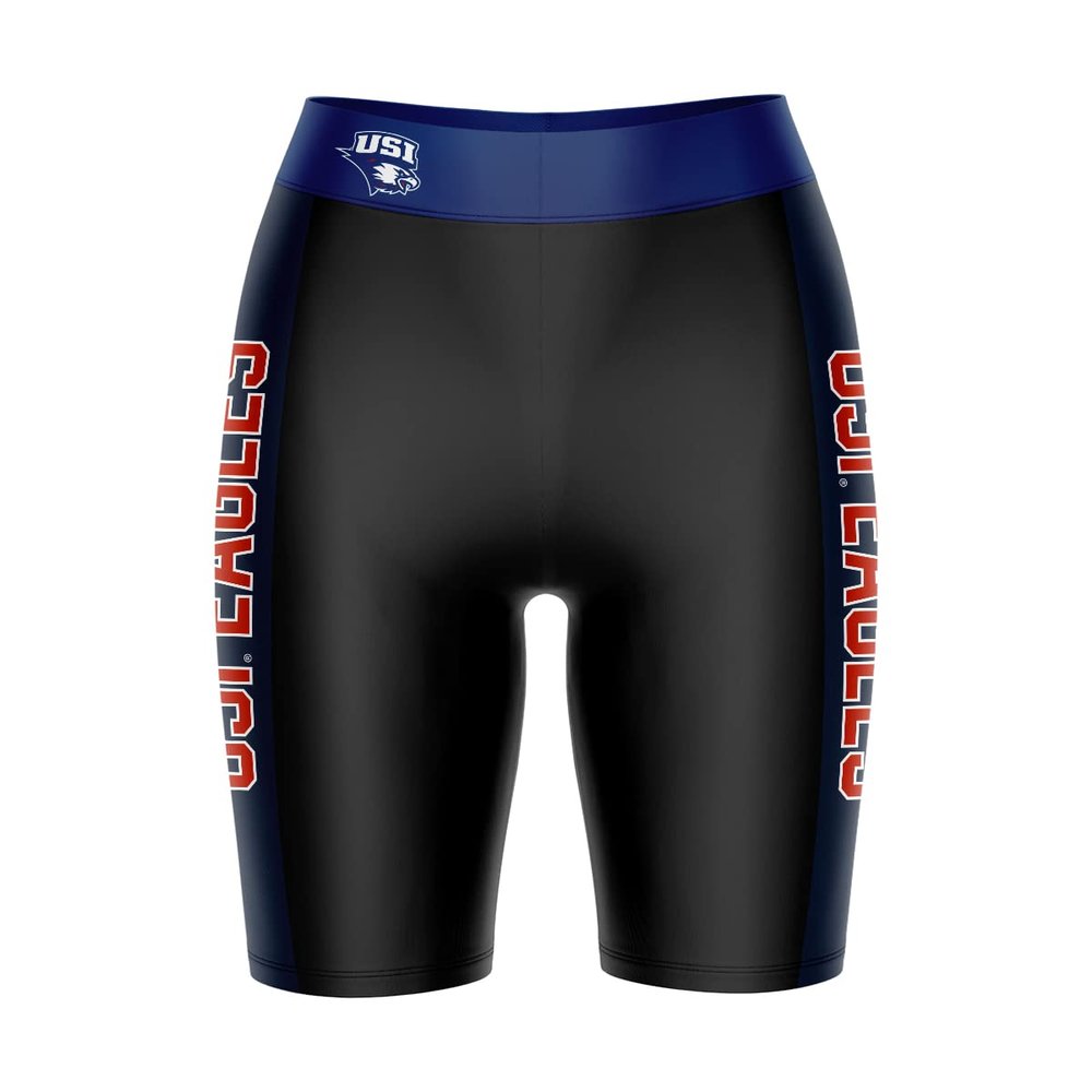 Biker Shorts for Women - 9" Inseam Black Shorts (Reg & Plus Size) 88% Polyester / 12% Spandex - University of Southern Indiana Logo on Waistband - High Waisted Workout