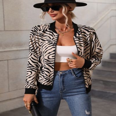 Women Jackets Zebra Striped Zipper Bomber Jacket Women Jackets (Color : Khaki, Size : Small)