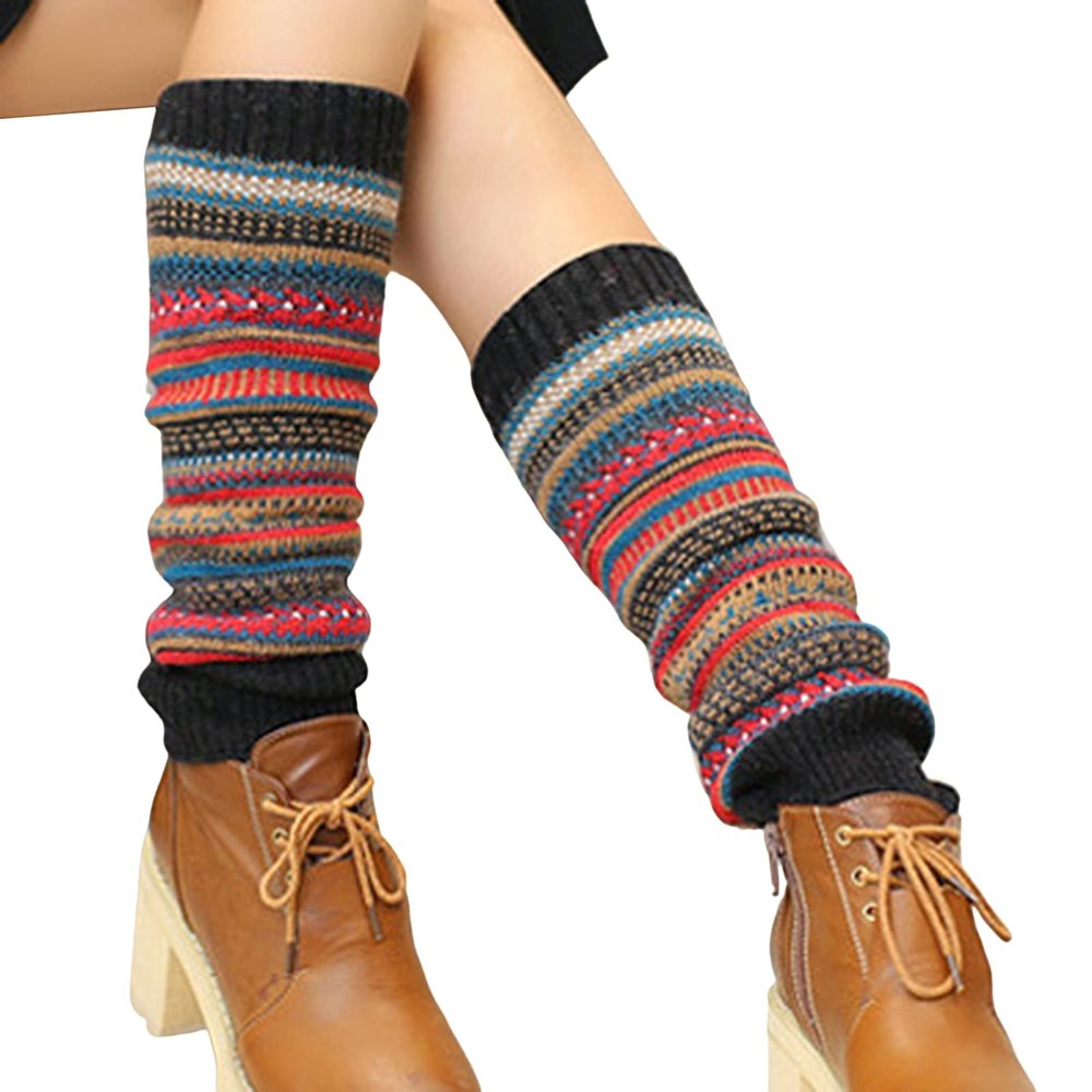 Altsuceser Women Boho Knitted Boot Gaiters Crochet Leg Warmer, Winter Bohemian Boot Cuffs Black One Size
