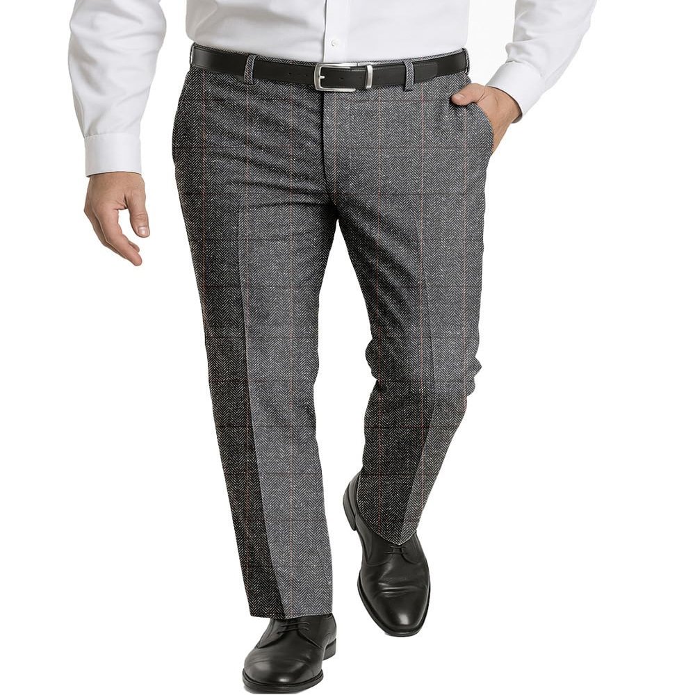 Men's Dress Pants Tweed Plaid Classic Fit Siut Separates Slim Stylish Wool Casual Business Suit Pants Grey