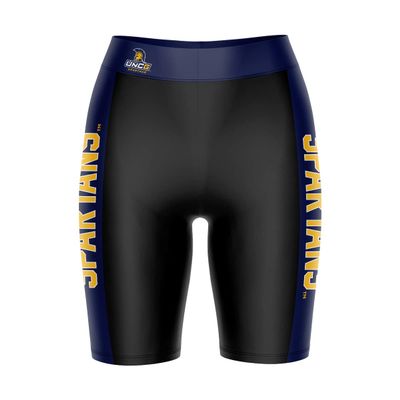 Biker Shorts for Women - 9" Inseam Black Shorts (Reg & Plus Size) 88% Polyester / 12% Spandex - University of North Carolina - Greensboro Logo on Waistband - High Waisted Workout