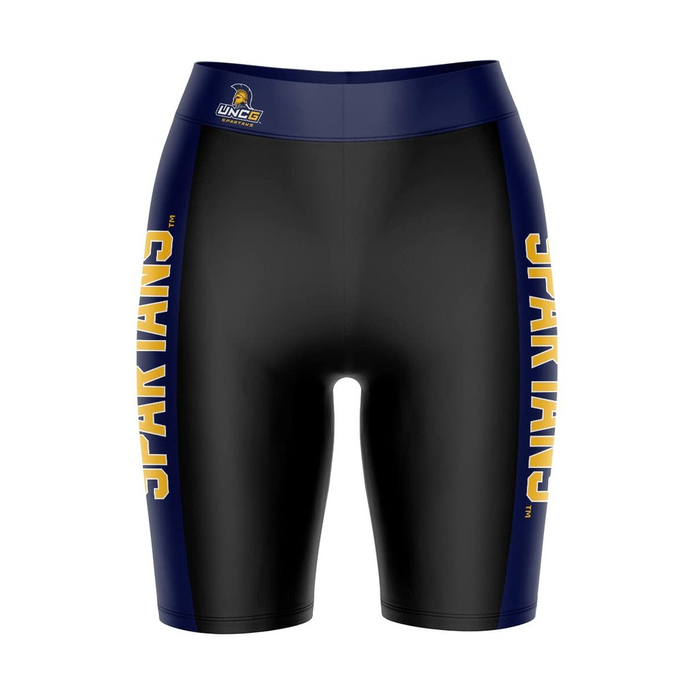Biker Shorts for Women - 9" Inseam Black Shorts (Reg & Plus Size) 88% Polyester / 12% Spandex - University of North Carolina - Greensboro Logo on Waistband - High Waisted Workout