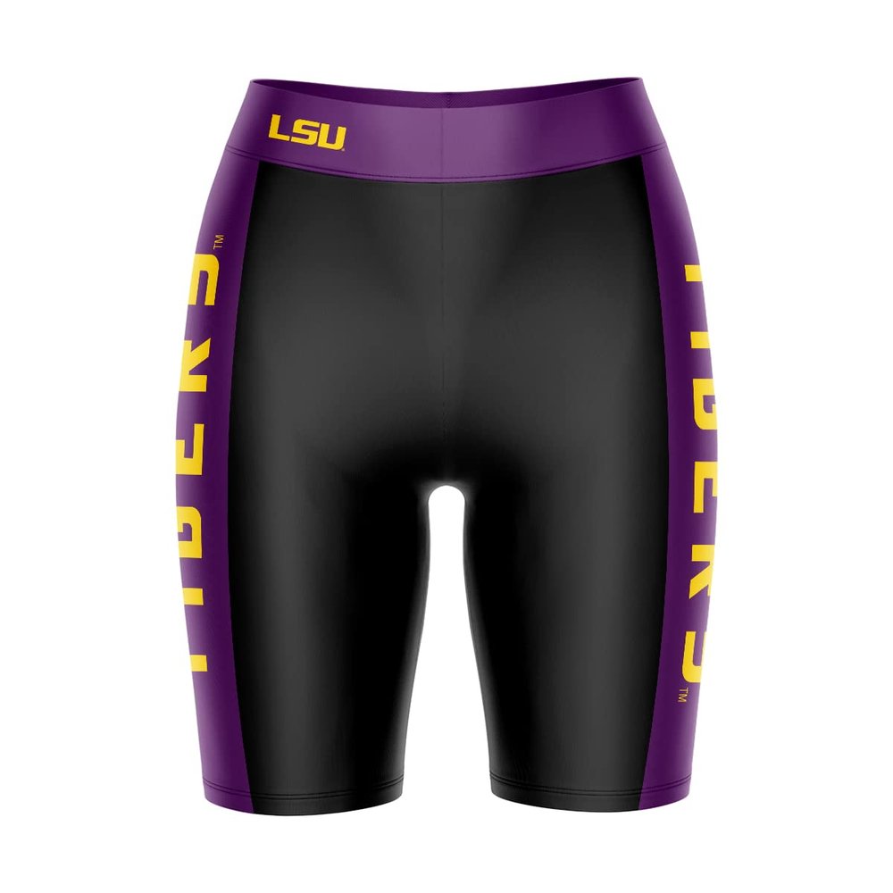 Biker Shorts for Women - 9" Inseam Black Shorts (Reg & Plus Size) 88% Polyester / 12% Spandex - LSU Logo on Waistband - High Waisted Workout