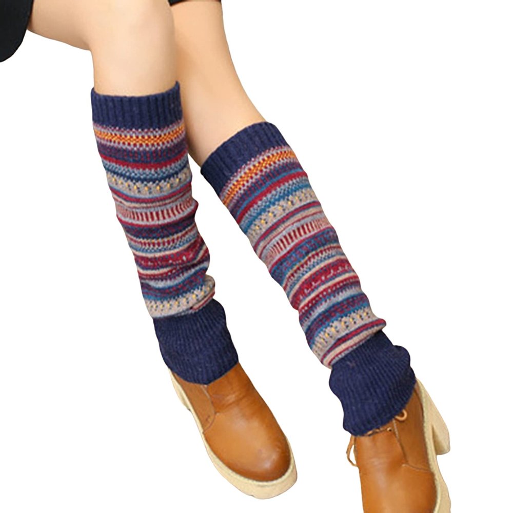 Altsuceser Women Boho Knitted Boot Gaiters Crochet Leg Warmer, Winter Bohemian Boot Cuffs Navy Blue One Size