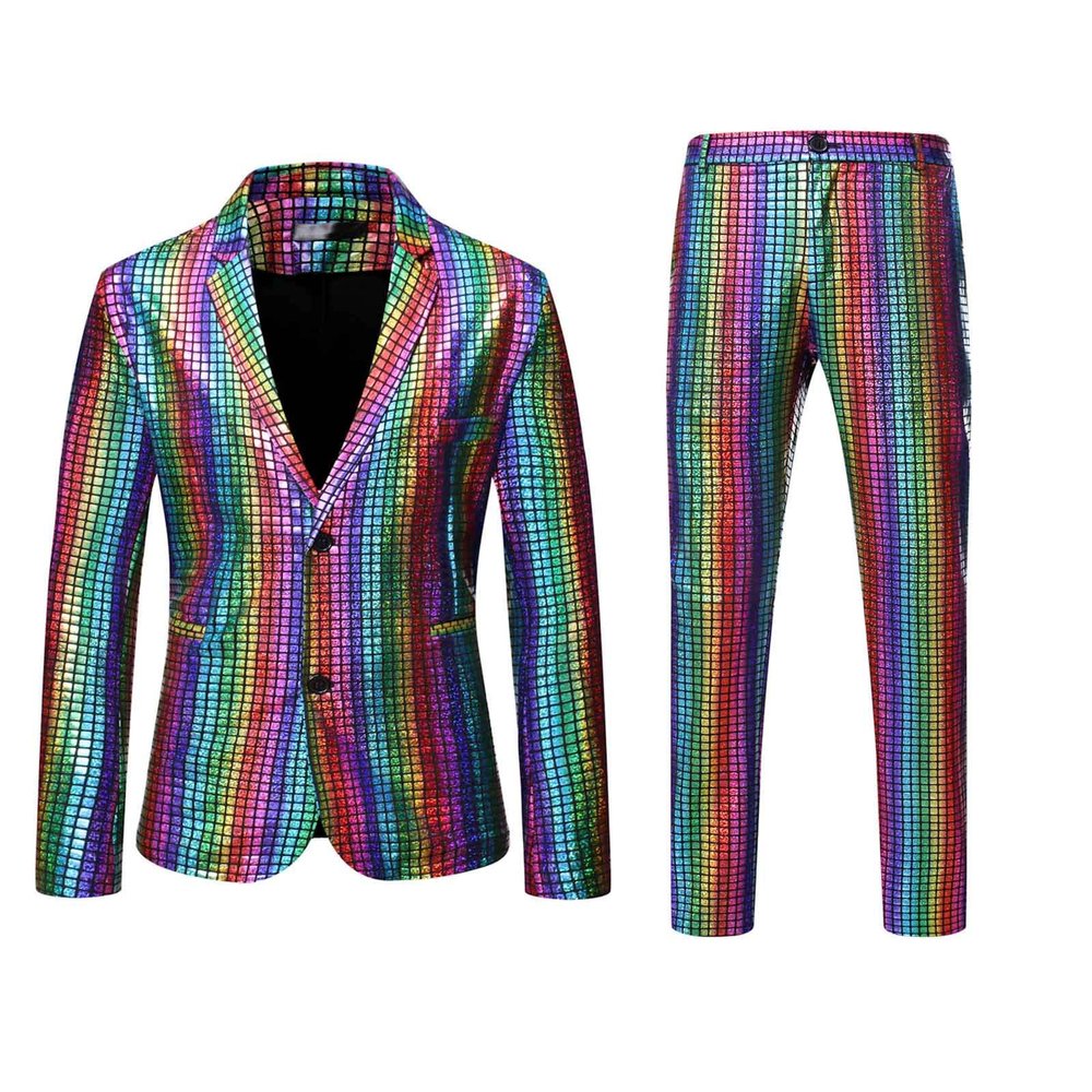 XUNRYAN Mens Fashion Gradient Sequins Two Piece Set Suits Shiny Blazer w Long Pants 70s 80s Disco Costume Holiday Outfits