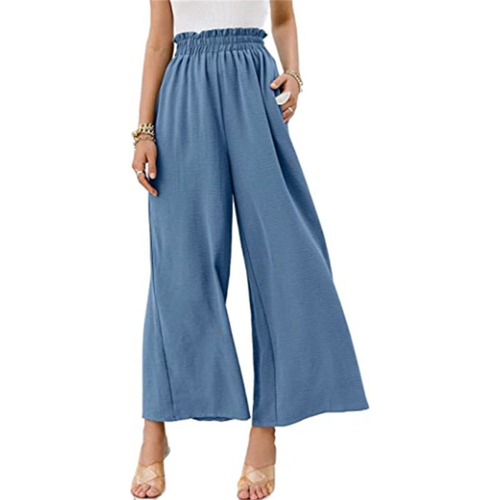 Maiyifu-GJ High Waisted Pants for Women Casual Loose Flowy Wide Leg Pants Elastic Waist Solid Comfy Lounge Flare Trousers (Blue,Medium)