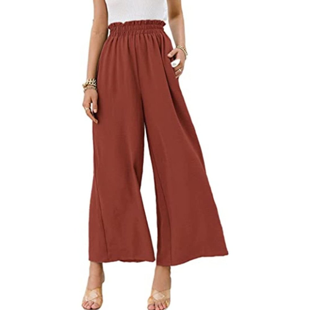 High Waisted Pants for Women Casual Loose Flowy Wide Leg Pants Elastic Waist Solid Comfy Lounge Flare Trousers (Red,XX-Large)