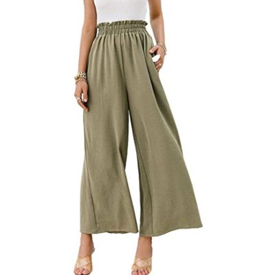 Maiyifu-GJ High Waisted Pants for Women Casual Loose Flowy Wide Leg Pants Elastic Waist Solid Comfy Lounge Flare Trousers (Green,X-Large)