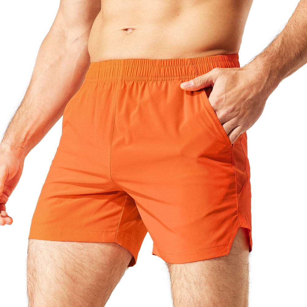 MIER Men's Workout Running Shorts Quick Dry Active 5 Inches Shorts with Pockets, Lightweight and Breathable, Orange, L