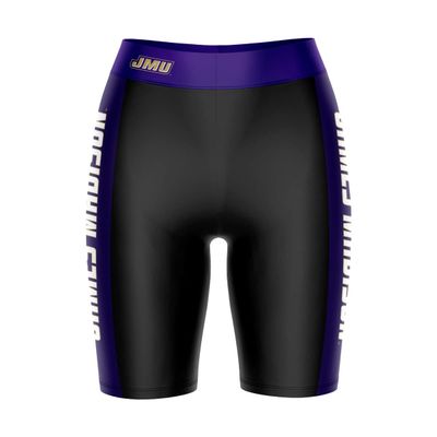 Biker Shorts for Women - 9" Inseam Black Shorts (Reg & Plus Size) 88% Polyester / 12% Spandex - James Madison University Vintage Logo on Waistband - High Waisted Workout