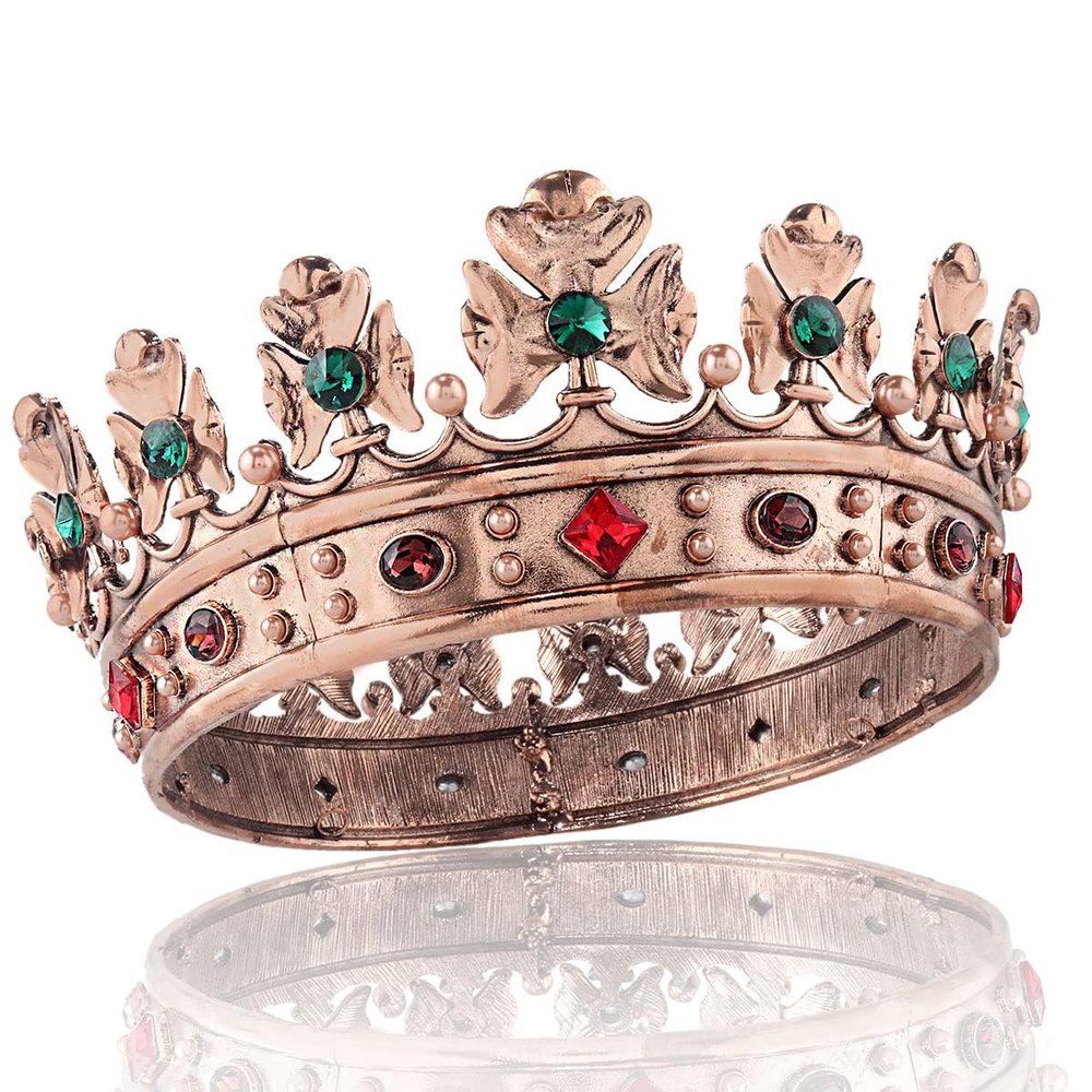 Baroque Royal Crown Men's Metal Prince Hair Crown Full Circle Birthday Party Hair Accessories For Cosplay Prom Quinceanera (Small Size 6.1" Diameter, Bronze With Green Stone)