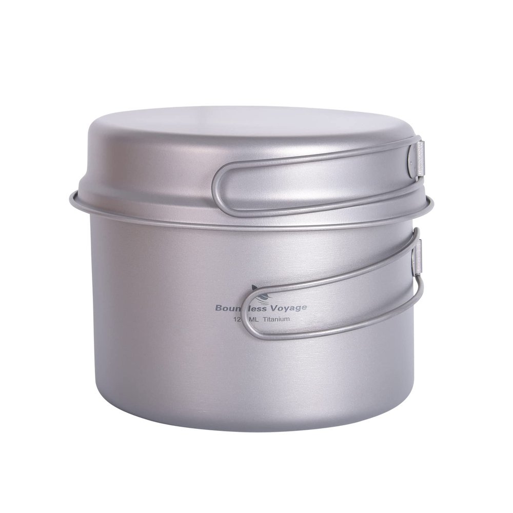 Boundless Voyage Camping Pots and Pans Set Titanium Cooking Set 1200ml Pot with 500ml Pan Ultralight Campfire Cooking Equipment Ti2110C