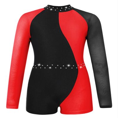 FEESHOW Leotards for Girls Gymnastics Children Long Sleeve Zipper Back Biketard Unitard Jumpsuit with Shorts Red 12 Years
