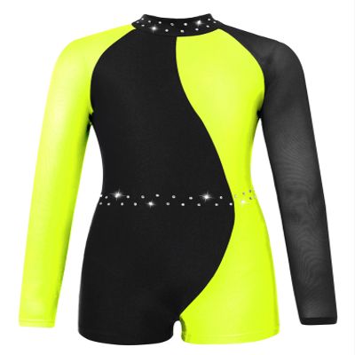 FEESHOW Leotards for Girls Gymnastics Children Long Sleeve Zipper Back Biketard Unitard Jumpsuit with Shorts Fluorescent Yellow 6 Years