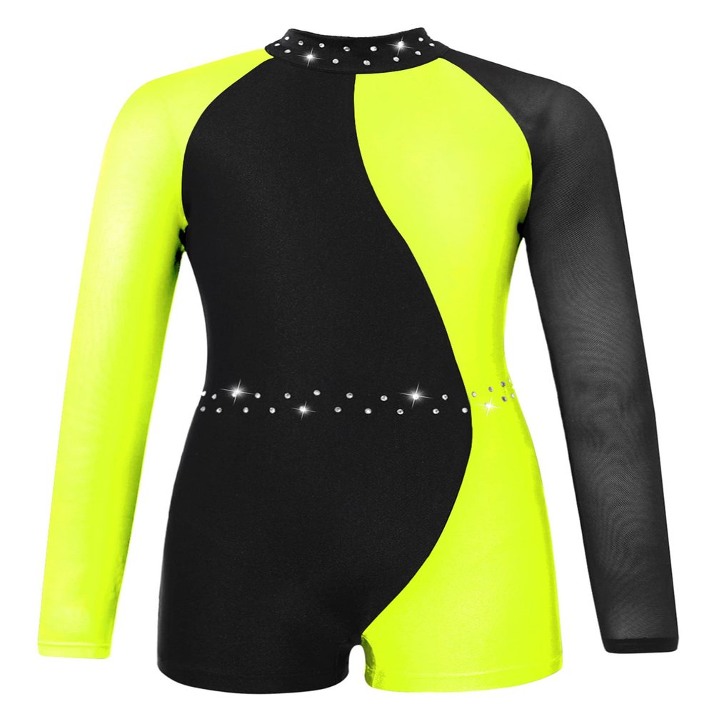 FEESHOW Leotards for Girls Gymnastics Children Long Sleeve Zipper Back Biketard Unitard Jumpsuit with Shorts Fluorescent Yellow 6 Years
