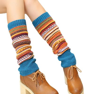 Altsuceser Women Boho Knitted Boot Gaiters Crochet Leg Warmer, Winter Bohemian Boot Cuffs Lake Blue One Size