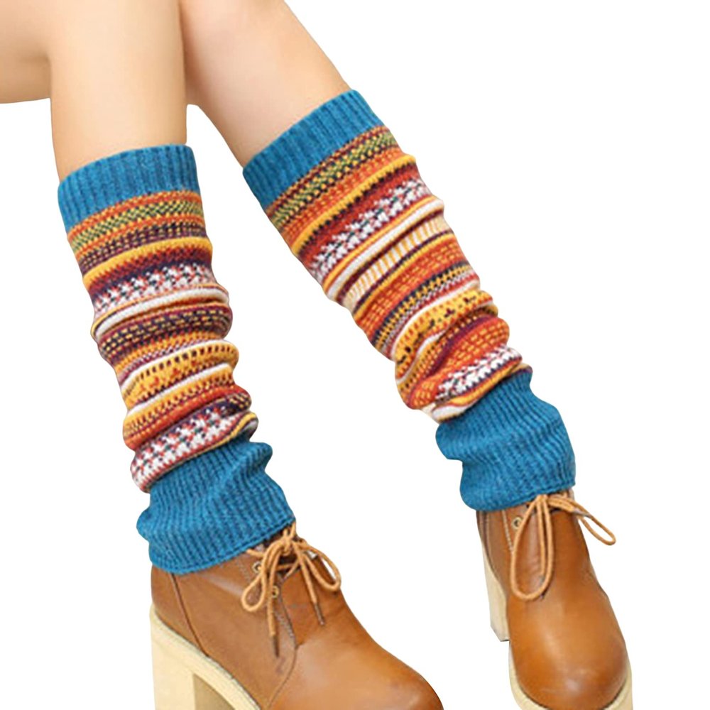 Altsuceser Women Boho Knitted Boot Gaiters Crochet Leg Warmer, Winter Bohemian Boot Cuffs Lake Blue One Size