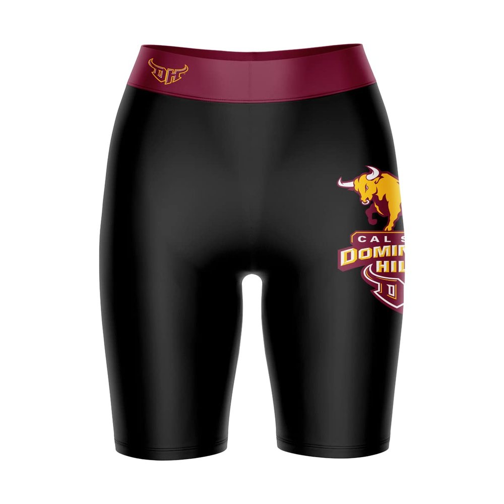 Biker Shorts for Women - 9" Inseam Black Shorts (Reg & Plus Size) 88% Polyester / 12% Spandex - California State University Dominguez Hills 1 Logo on Thigh & Waistband - High Waisted Workout