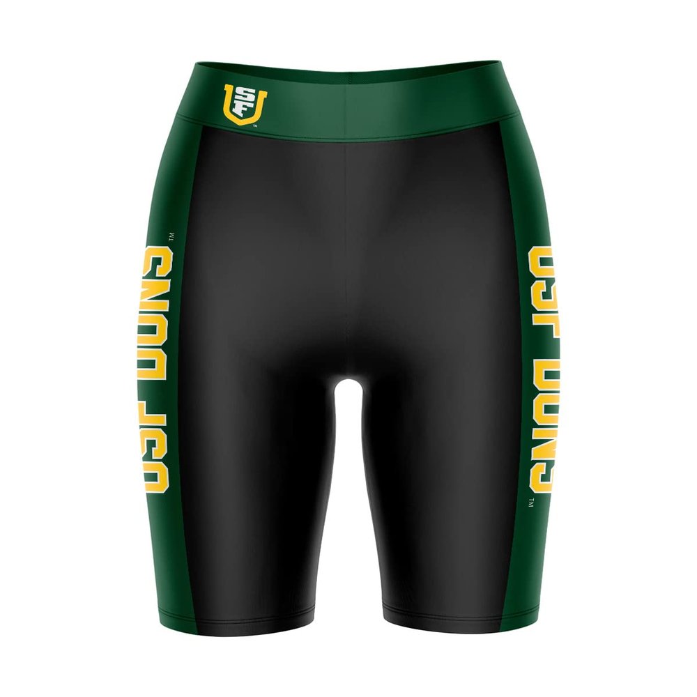 Biker Shorts for Women - 9" Inseam Black Shorts (Reg & Plus Size) 88% Polyester / 12% Spandex - University of San Francisco Logo on Waistband - High Waisted Workout