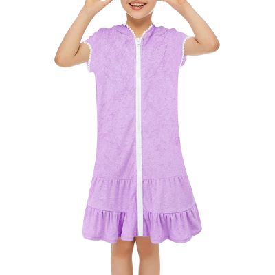 Little Girls Swim Cover Up Kids Swimsuit Coverup Zip Up Beach Bathing Suit Hooded Bathrobe Absorbent Beach Dress Baby Purple