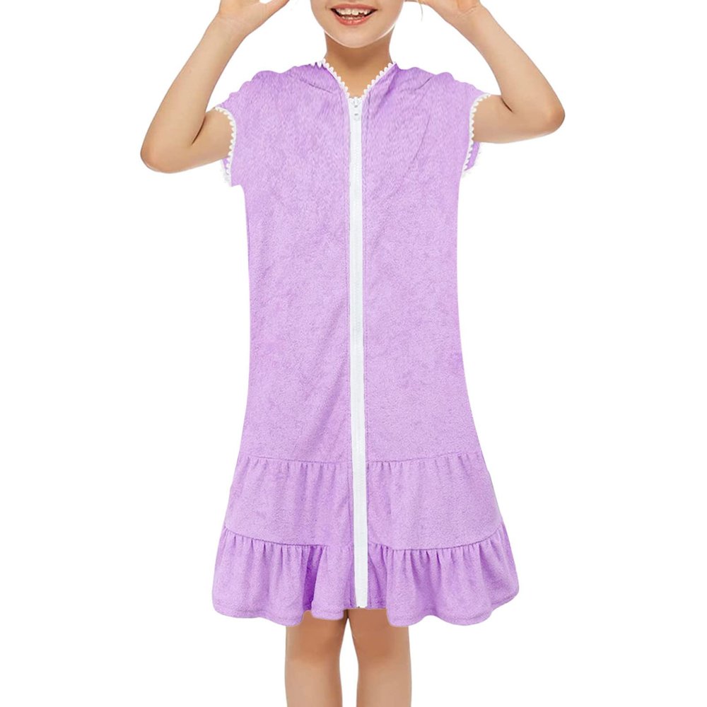 Little Girls Swim Cover Up Kids Swimsuit Coverup Zip Up Beach Bathing Suit Hooded Bathrobe Absorbent Beach Dress Baby Purple