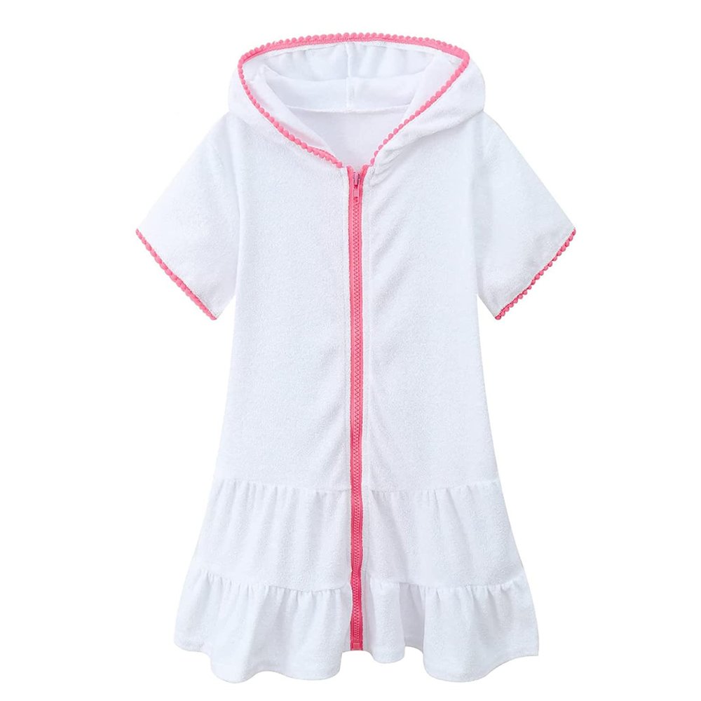 Little Girls Swim Cover Up Kids Swimsuit Coverup Zip Up Beach Bathing Suit Hooded Bathrobe Absorbent Beach Dress Baby White