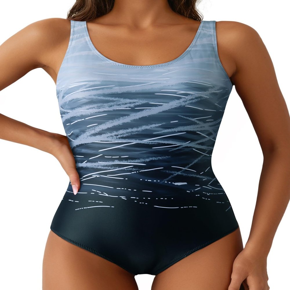 Aleumdr Womens One Piece Bathing Suits Color Block Print Criss Cross Back Swimsuits Athletic Modest Swimwear Gray 11 Small