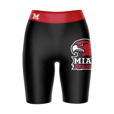 Biker Shorts for Women - 9" Inseam Black Shorts (Reg & Plus Size) 88% Polyester / 12% Spandex - Miami University Logo on Thigh & Waistband - High Waisted Workout