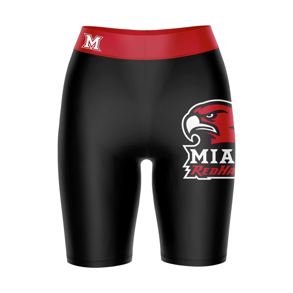 Biker Shorts for Women - 9" Inseam Black Shorts (Reg & Plus Size) 88% Polyester / 12% Spandex - Miami University Logo on Thigh & Waistband - High Waisted Workout