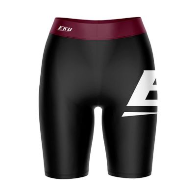 Biker Shorts for Women - 9" Inseam Black Shorts (Reg & Plus Size) 88% Polyester / 12% Spandex - Eastern Kentucky University 1 Logo on Thigh & Waistband - High Waisted Workout