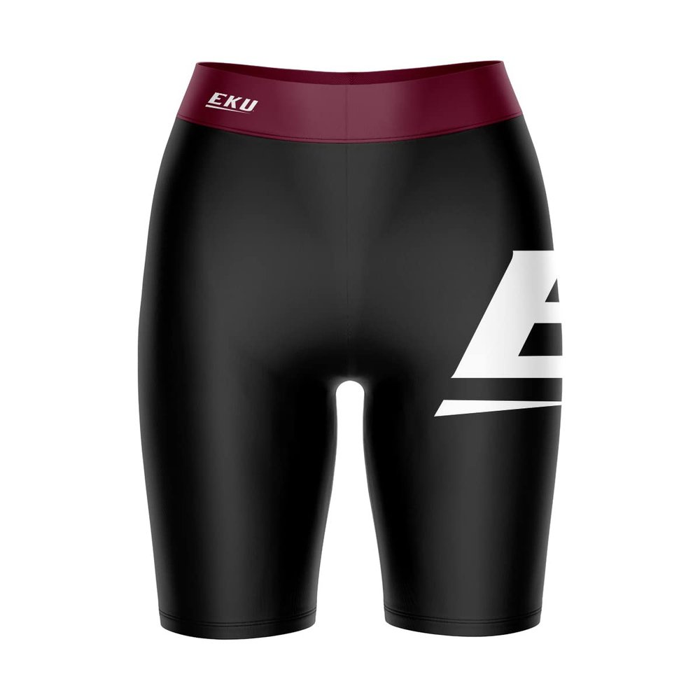 Biker Shorts for Women - 9" Inseam Black Shorts (Reg & Plus Size) 88% Polyester / 12% Spandex - Eastern Kentucky University 1 Logo on Thigh & Waistband - High Waisted Workout