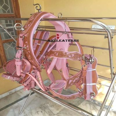 SHOWMEN CRAFT Designer Natural Pink Color Leather Carved Driving harnes for single horse cart In 4 Size (Pony)