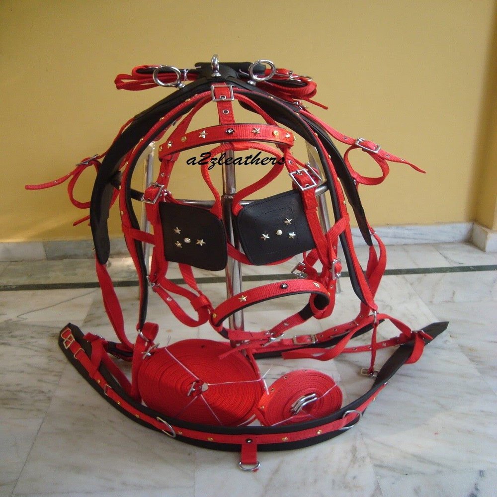 SHOWMEN CRAFT Nylon Driving Harness for Single Horse in Red/Black with Diamante Browband Bridle in 4 Size (Pony)