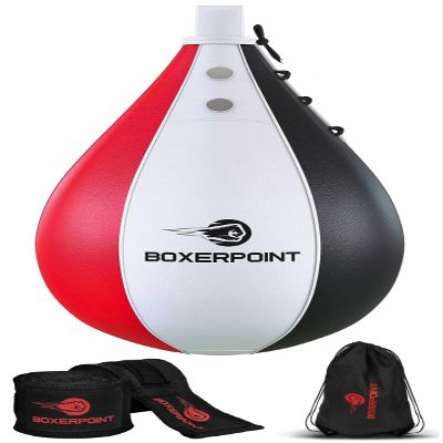 Boxerpoint Speed Bag Set - Black PU Leather, Medium - Includes 2 Hand Wraps & Carrying Bag - Durable Anti-Leak Punching Bag for Adults, Teens & Beginners - Easy Home Gym Setup for Reflex Training