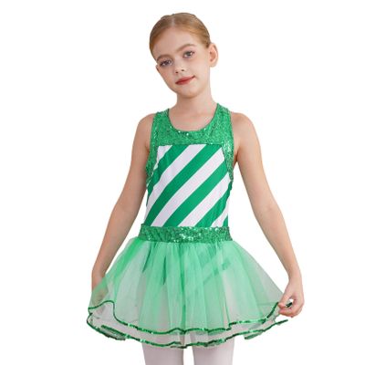 FEESHOW Kids Girls Sequins Figure Ice Skating Ballet Leotard Tutu Dress Candy Cane Striped Santa Dress Christmas Party Green 16 Years