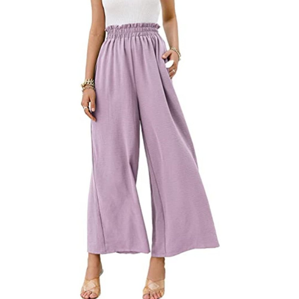 High Waisted Pants for Women Casual Loose Flowy Wide Leg Pants Elastic Waist Solid Comfy Lounge Flare Trousers (Purple,Small)