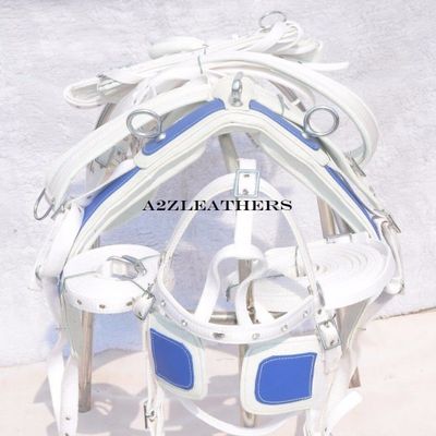 SHOWMEN CRAFT NYLON DRIVING HARNESS FOR SINGLE HORSE WHITE/BLUE COLOR With Diamonte Browband In 4 Size (Pony)