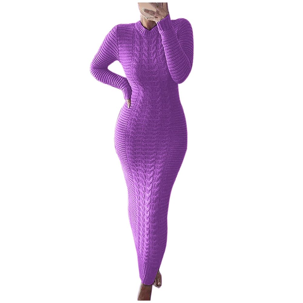 HGps8w Women's Sexy Long Sleeve Sweater Dress Crewneck Cable Knit Bodycon Maxi Dresses Slim Fit Pullover Jumpers
