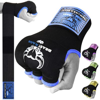 BEAST RAGE Inner Gloves with Hand Wraps Quick Wrap Long 36" Wrist Support MMA Muay Thai Bandages Punching Martial Arts Training Men Women Kickboxing Bandages Under Bag Gloves (Blue/Black, M (Adult))