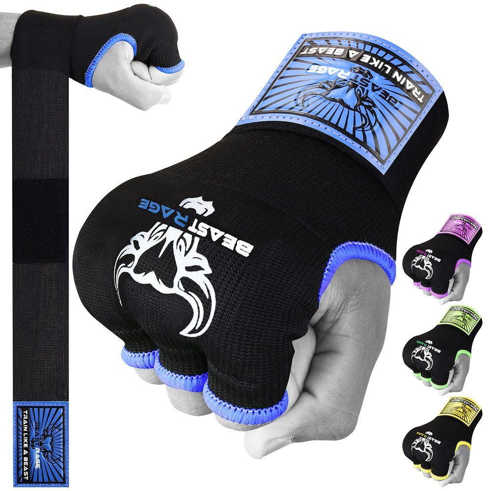 BEAST RAGE Inner Gloves with Hand Wraps Quick Wrap Long 36" Wrist Support MMA Muay Thai Bandages Punching Martial Arts Training Men Women Kickboxing Bandages Under Bag Gloves (Blue/Black, M (Adult))