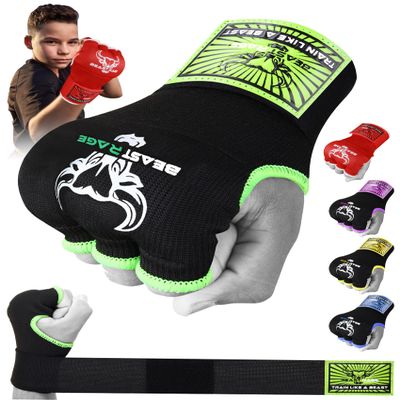 BEAST RAGE Inner Gloves with Hand Wraps Quick Wrap Long 36" Wrist Support MMA Muay Thai Bandages Punching Martial Arts Training Men Women Kickboxing Bandages Under Bag Gloves (Green, Kids Junior)