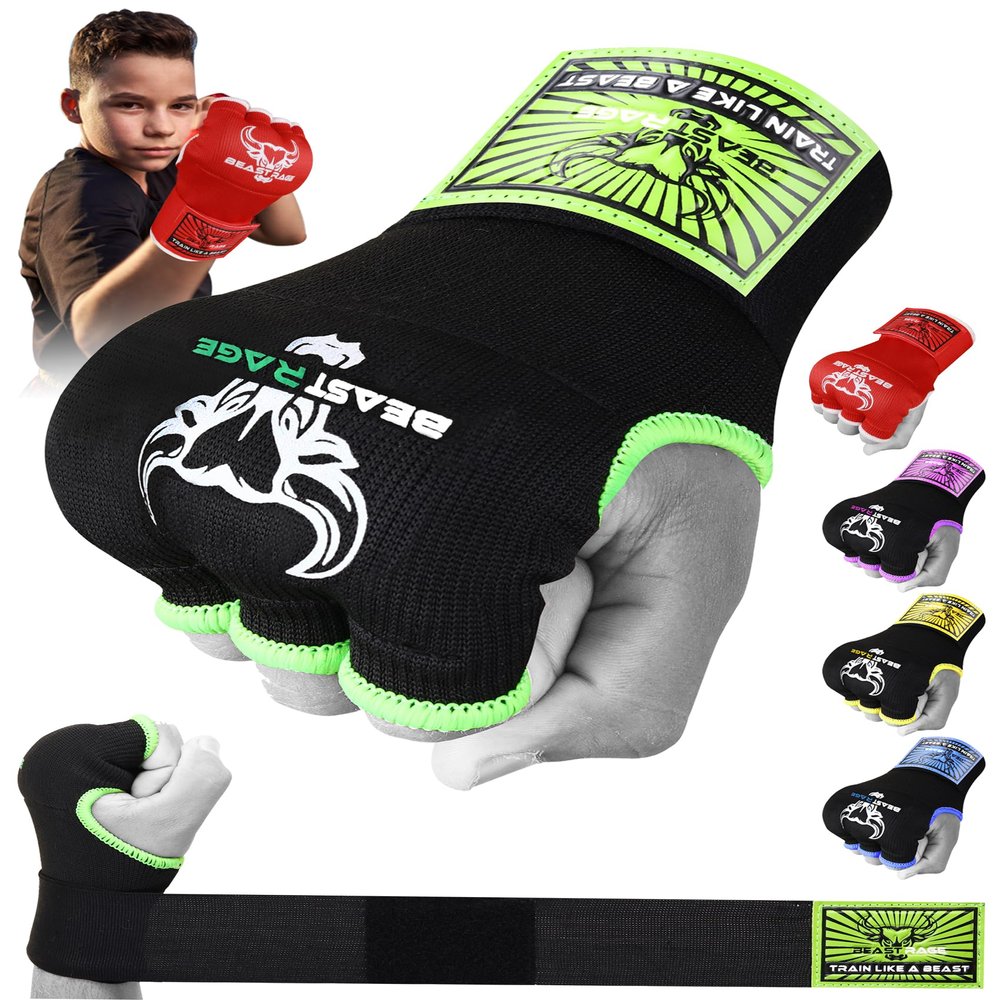 BEAST RAGE Inner Gloves with Hand Wraps Quick Wrap Long 36" Wrist Support MMA Muay Thai Bandages Punching Martial Arts Training Men Women Kickboxing Bandages Under Bag Gloves (Green, Kids Junior)