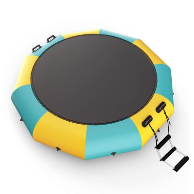 Giantex 15Ft Inflatable Water Trampoline, Floating Rebounder Trampoline with 500W Blower and 3-Step Rope Ladder, Kids Adults Recreational Water Trampoline for Pool, Lake, Water Park