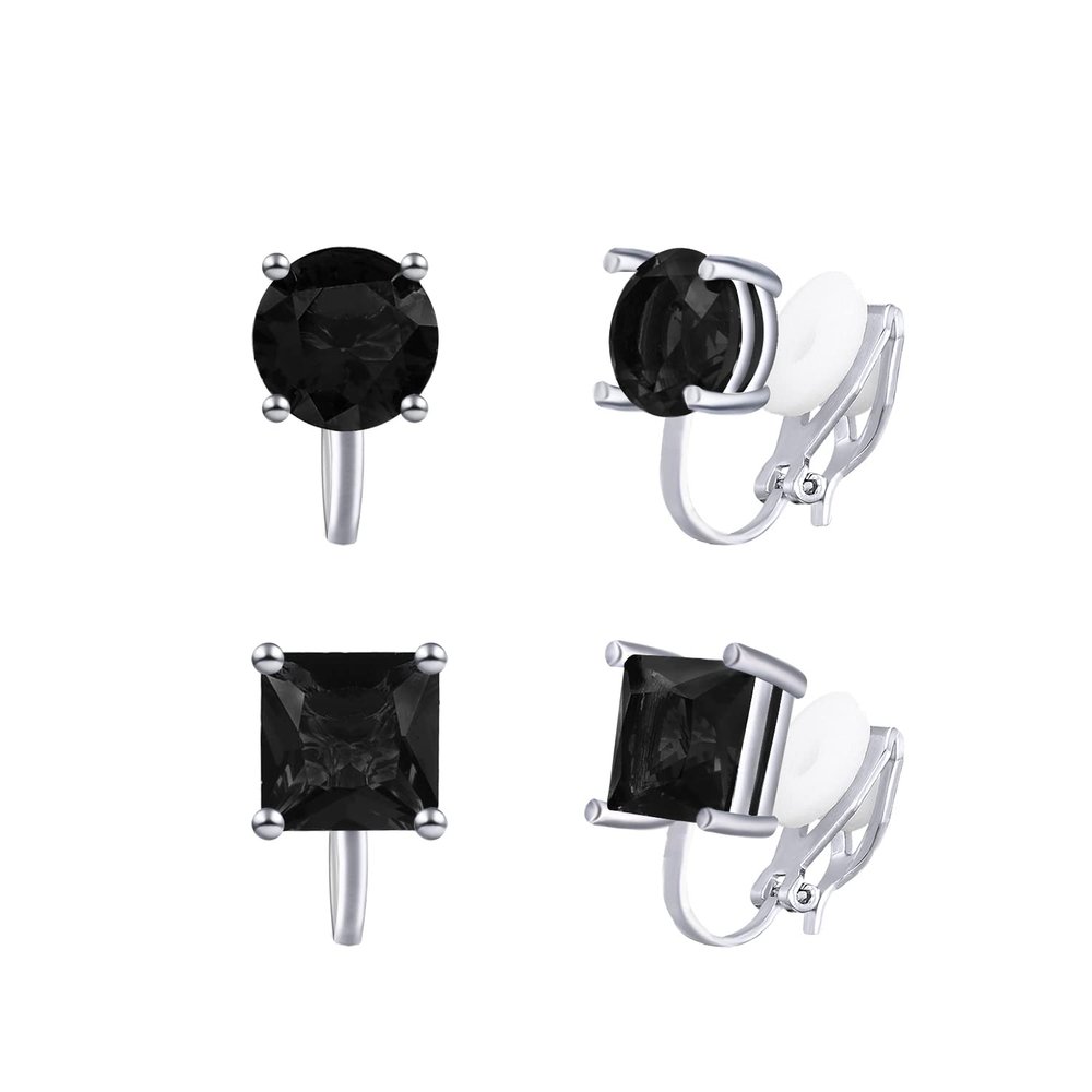 YOQUCOL 2 Pairs 8MM Black Cubic Zirconia Crystal Clip On Earrings Non Pierced Stud Earrings For Women