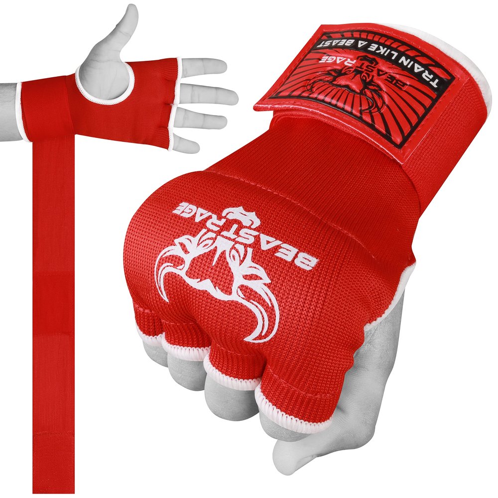 BEAST RAGE Inner Gloves with Hand Wraps Quick Wrap Long 36" Wrist Support MMA Muay Thai Bandages Punching Martial Arts Training Men Women Kickboxing Bandages Under Bag Gloves (Red Rage, S (Adult))