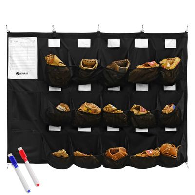 Get Out! Dugout Organizer for Helmets, Gloves, Bats and More - 15 Pocket Baseball Coaching Accessories Tee Ball and Softball Equipment Hanging Fence Rack with 7 hooks