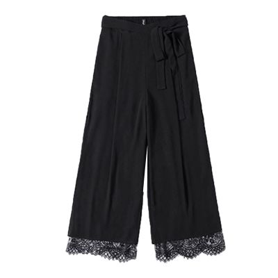 Women's Black Wide Leg Chiffon Pant Side Slit Lace Straight Leg Dress Pants Solid High Waist Slim Flare Trousers (Black,Small)