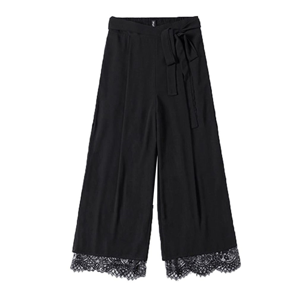 Women's Black Wide Leg Chiffon Pant Side Slit Lace Straight Leg Dress Pants Solid High Waist Slim Flare Trousers (Black,Small)