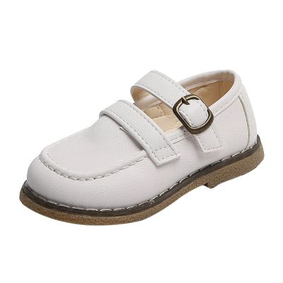Fashion Autumn Girls Casual Shoes Flat Round Toe Lightweight Solid Color Buckle Dress Shoes Simple Style Toddler Shoes (White, 3-3.5 Years Toddler)