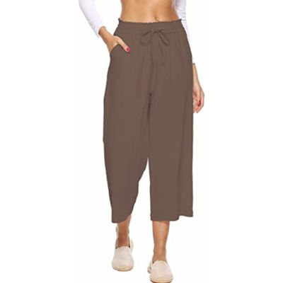 Maiyifu-GJ Women's Cotton Linen Pants Drawstring Loose Wide Leg Comfy Yoga Pants High Waisted Flowy Crop Trousers with Pockets (Brown,Small)